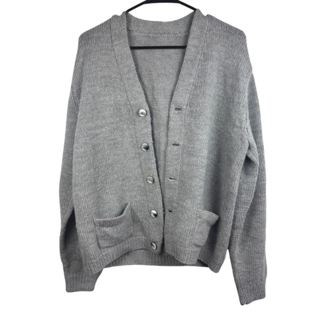 Mens grey vintage  Knit Button Front Cardigan Sweater Two Pocket‎ Medium